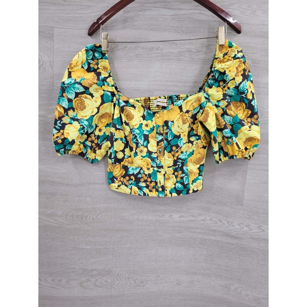 Laura Ashley x Urban Outfitters Floral Smocked Crop Top Women's Size M Yellow